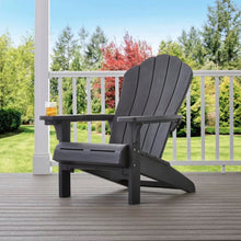 Adirondack chair in dark gray with slatted back, armrests, and integrated cupholder