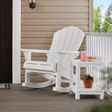 White rocking Adirondack chair on porch, with slatted back and front panels