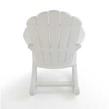 White rocking Adirondack chair front view with slatted back and armrests