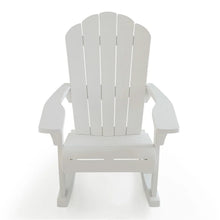 White rocking Adirondack chair with slatted back and wide arms