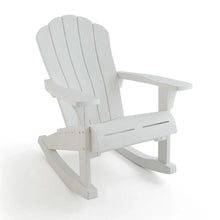 White rocking Adirondack chair side view with slatted back and armrest