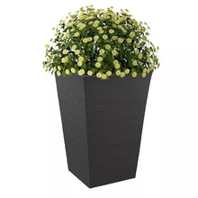Graphite tapered resin planter with daisies and green foliage