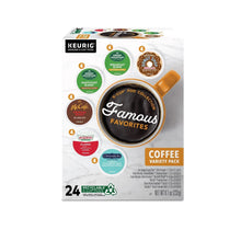 K-Cup coffee variety pack box with Famous Favorites branding, 24 medium roast pods