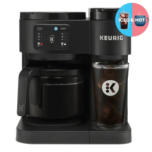 Black single-serve and carafe coffee maker with control panel and tall iced cup