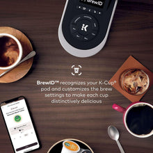 Connected single-serve pod coffee maker with red mug, smartphone, and cups on counter