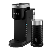 Black single-serve coffee maker with frother unit and drip tray