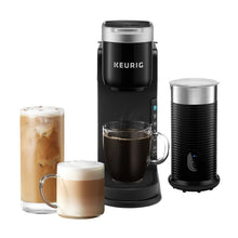 Black single-serve coffee maker with frother and two coffee drinks
