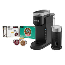 Black single-serve coffee maker with frother and K-Cup pods