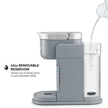 Gray single-serve coffee maker with removable water reservoir and iced cup