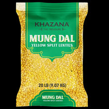 Yellow split mung dal lentils in labeled 20 lb bag, Khazana