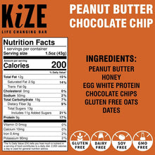 KiZE Peanut Butter Chocolate Chip bar nutrition and ingredients panel