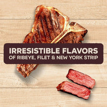 Dry dog food flavor label with grilled meat pieces: ribeye, filet, New York strip