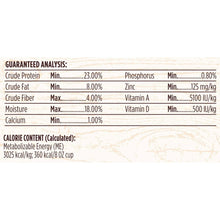 Dry dog food guaranteed analysis chart with protein, fat, fiber, and mineral minimums