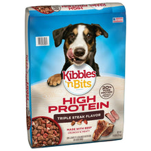 Kibbles 'n Bits dry dog food bag, high protein, triple steak flavor, 20% more protein