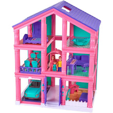 Pink three-story dollhouse with blue roof, teal bathtub, purple rooms and furniture