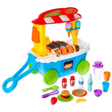 Food cart toy with red roof, blue base, and multiple play food and drink pieces