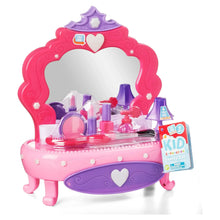 Plastic vanity set with pink frame, purple sink panel, and mirror with accessories