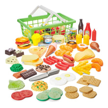 Play food basket set with green shopping basket and assorted plastic food pieces.