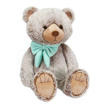 Plush bear with teal bow scarf and tan face, 16 in