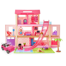 Pink dollhouse playset with slide, pool area, and dolls