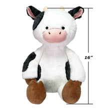 Plush cow stuffed animal, white with black patches, brown hooves, 16 in size