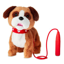 Brown and white plush bulldog with red collar, standing and facing forward