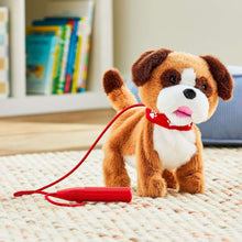 Plush bulldog with red collar and attached red leash on a rug