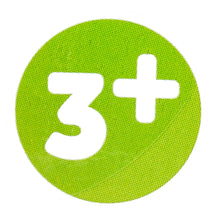 Green circular sticker with large white '3' and plus sign