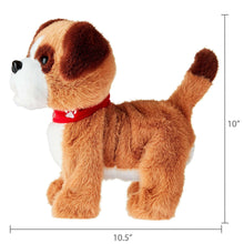 Brown plush walking bulldog with white muzzle and red collar, side view
