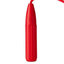 Red handheld remote with two buttons and attached red cord