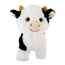 Mini plush walking cow toy, white with black patches and tan ears