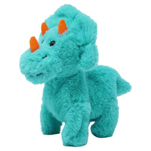 Teal triceratops mini walking plush pet with orange horns, fluffy body