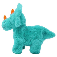 Teal electronic triceratops plush with orange horns and upright head