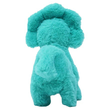 Teal electronic triceratops plush toy, curled tail and big friendly snout