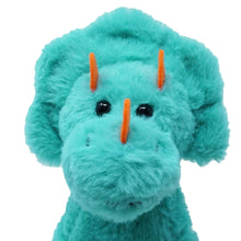 Teal electronic walking triceratops plush with orange horns and friendly face