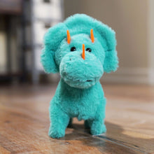Teal triceratops mini walking plush pet front view, orange horns and black eyes