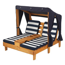 Kids double chaise lounge with navy canopy, striped cushions, and wooden frame