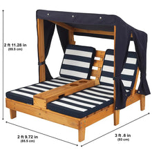 Kids double chaise lounge with canopy, striped seat cushions, and wooden base