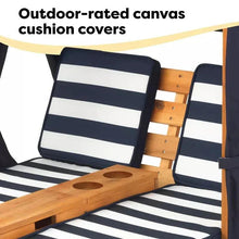 Kids double chaise lounge with navy-and-white striped cushion covers on frame