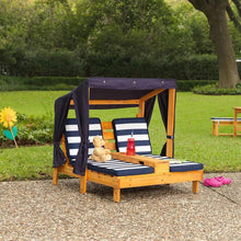 Kids double chaise lounge with canopy and navy-and-white striped cushions