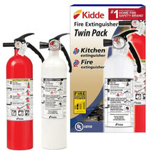 Fire extinguisher twin pack with red and white cylinders and black handles