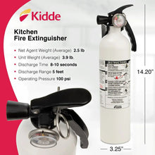 White kitchen fire extinguisher with black handle and pressure gauge