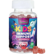Kids immune support gummy bottle, purple-and-blue label, showing berry-colored gummies