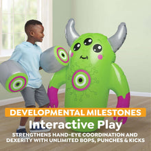 Green inflatable monster bop bag with gray boxing gloves and purple arm accents