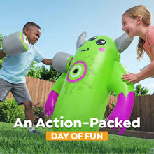 Inflatable monster bop bag with boxing gloves and two gray punching balls