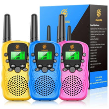 Three kids walkie-talkies in yellow, blue, and pink with LCD screens and antennas
