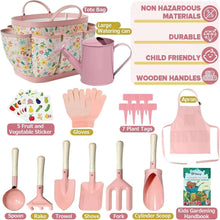 Kids gardening tool set with tote bag, pink watering can, gloves, plant tags and apron