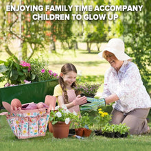 Kids gardening tool set with tote bag, pink watering can, trowel, rake and gloves