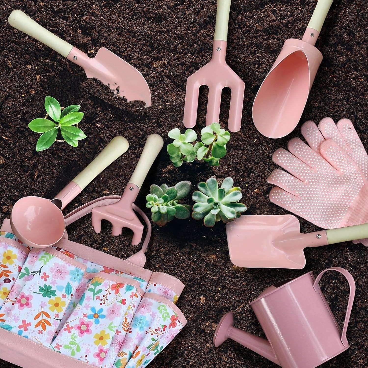 Kids Gardening Set 14Pcs Garden Tools with Tote Bag,Watering Can, Shovel, Apron, Garden Book and More Educational STEM Learning Outdoor for Toddlers Boys Girls