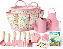 Kids gardening tool set with tote bag, pink watering can, shovel, rake and gloves